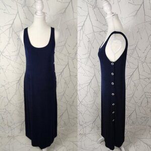 Ell Jay VTG Navy Stretch Knit Button Up Side Scoop Neck Maxi Dress